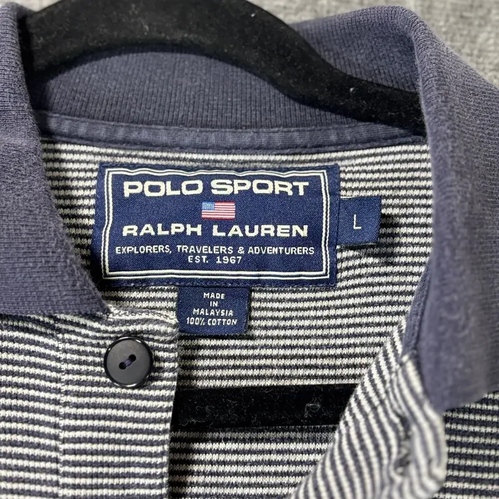 Polo Sport Ralph Lauren Polo Shirt Mens Large‎ Navy Blue White Striped Sportsman